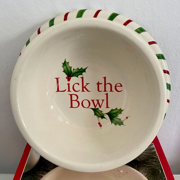 (2) VTG Lenox Christmas "Santa Paws" "Lick The Bowl" Pet Food ivy Berry Ceramic - Picture 6 of 15